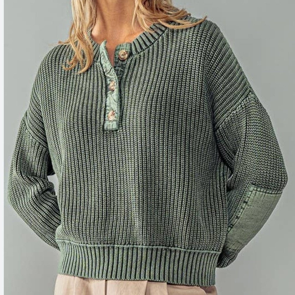 Perfect Seams Olive‎ Green 100% Cotton Henley Shaker Knit Sweater Elbow Patches